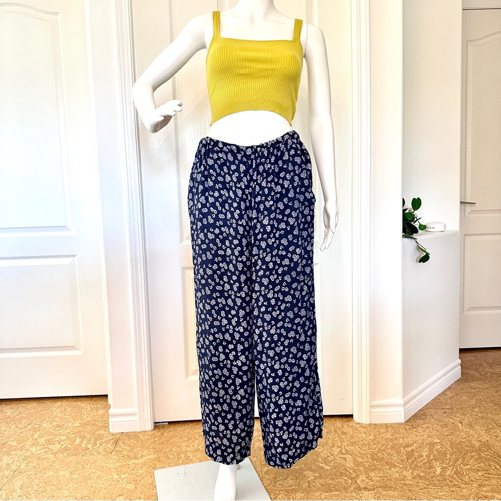 Vintage Blue and White Sunflower Print Boho Pants (L)